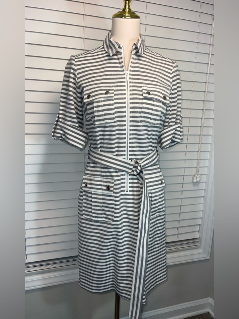 Sharagano Grey & White Striped Zip-Front Shirt Dress with Belt